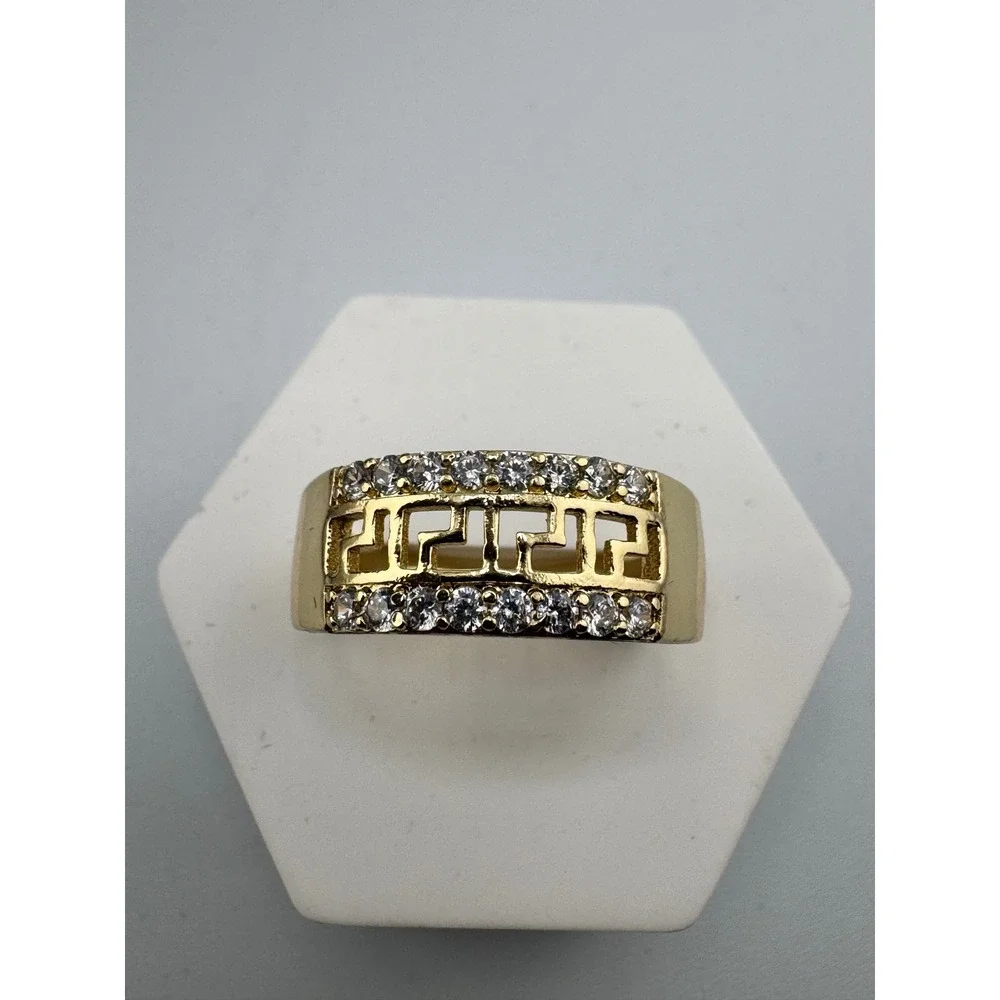 Gold Plated Greek Key Fretwork Ring Cubic Zirconia Accents Size 7
